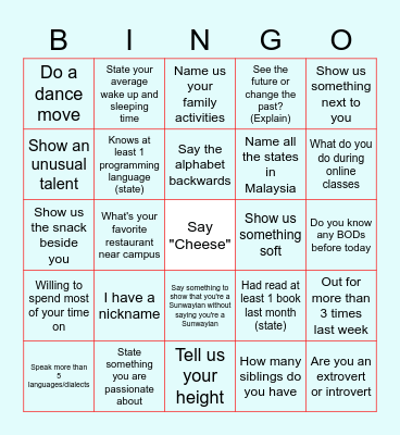 SAS BOD Bonding Session Bingo Card