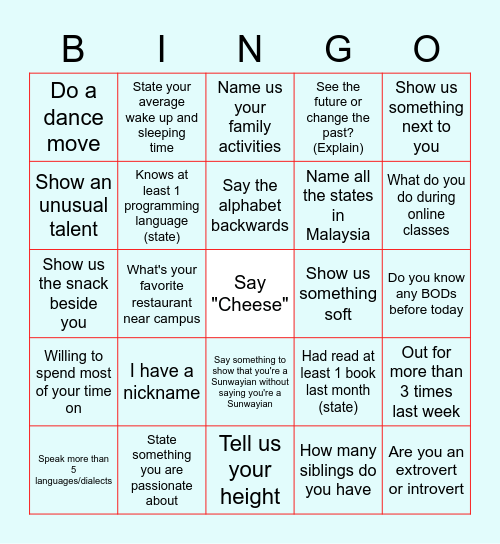 SAS BOD Bonding Session Bingo Card