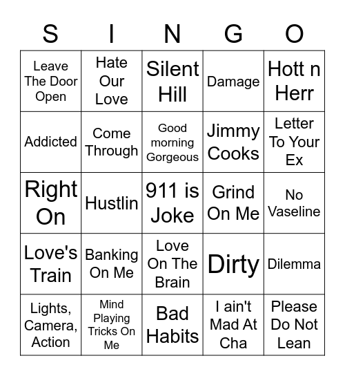 R&B/HIP HOP/RAP Bingo Card