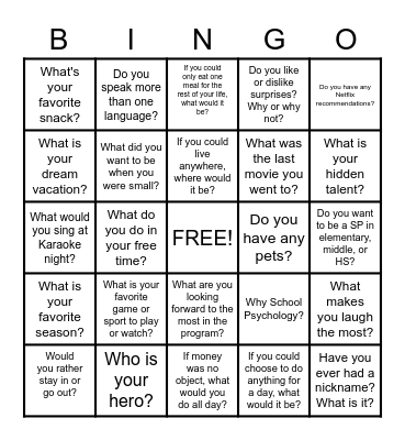 Ice Ice Breaker Bingo Card