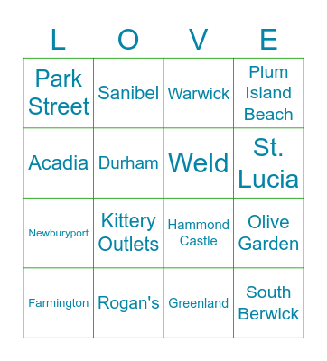 Important Places in Your Lives Bingo Card