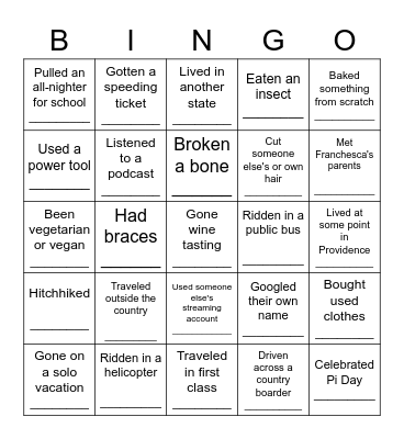 Find someone who has never... Bingo Card