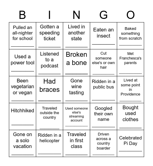 Find someone who has never... Bingo Card
