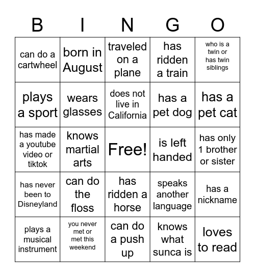 Kasinsin Kid Bingo Card
