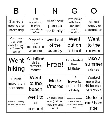 Summer Vacation Bingo! Bingo Card