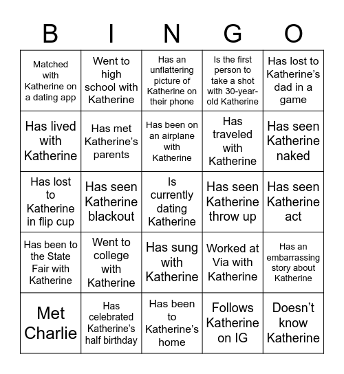 Katherine's 30th Birthday BINGO! Bingo Card