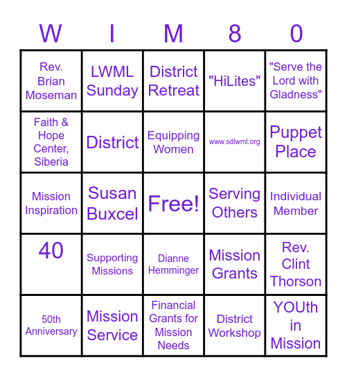 LWML (WOMEN IN MISSION) Bingo Card