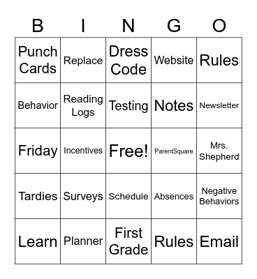 Parent Night Bingo Card