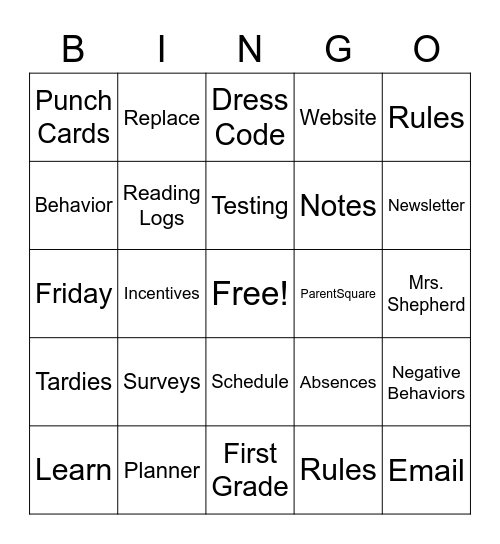 Parent Night Bingo Card