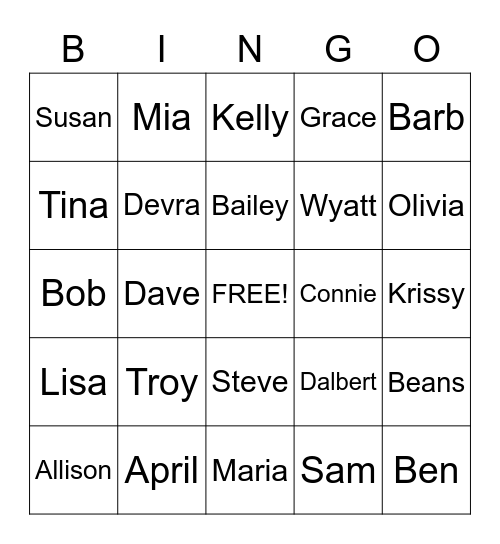 NAMES Bingo Card