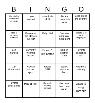 Get To Know You Bingo Card