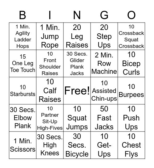 Jr.Fit Bingo Challenge Bingo Card