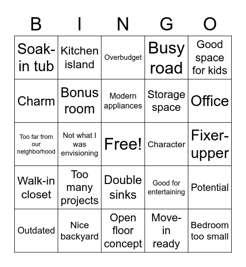 House Hunters Bingo Card