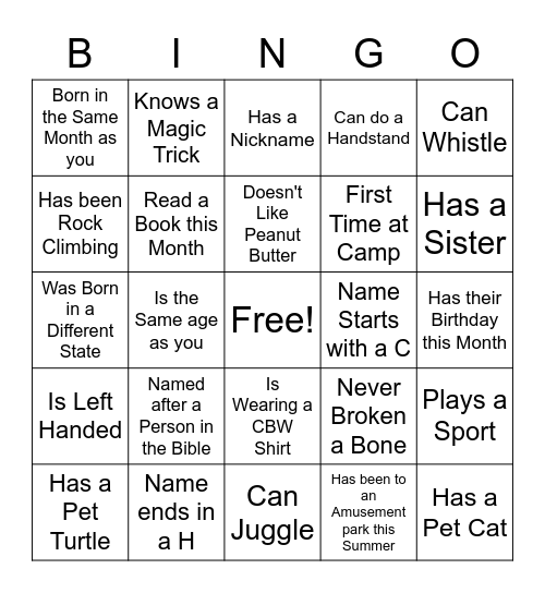 Camp Bingo Card