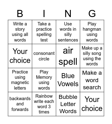 Spelling Word Practice Bingo Card