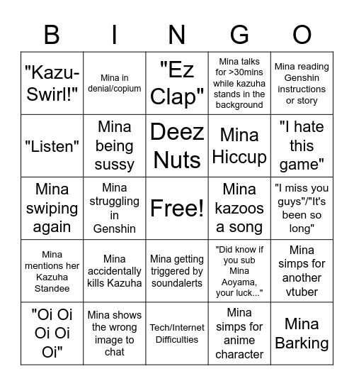 Mina's Stream Bingo Card