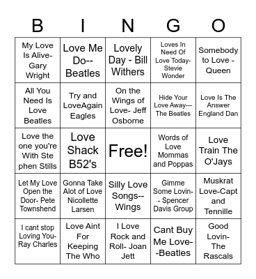 Love-ly Songs Bingo Card