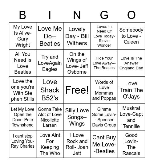 Love-ly Songs Bingo Card