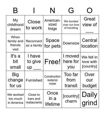 House Hunters International Bingo Card