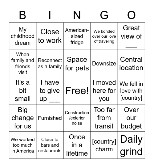 House Hunters International Bingo Card