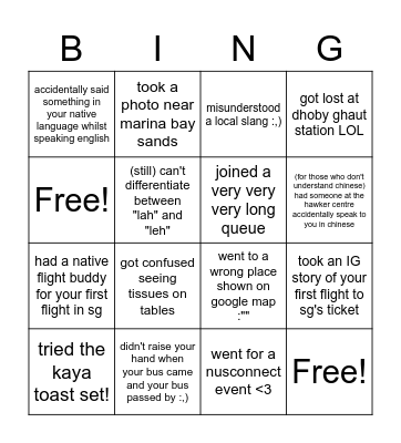 sg international students' bingo!! Bingo Card