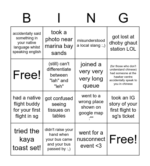 sg international students' bingo!! Bingo Card