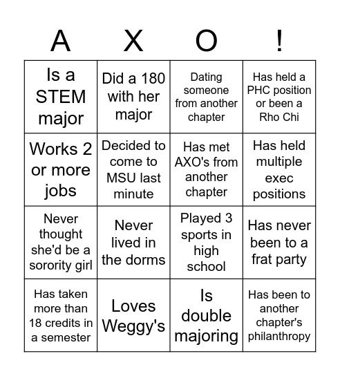 AXODT Bingo Card