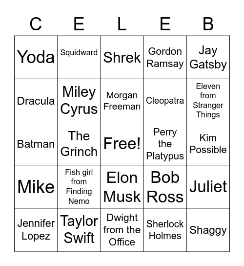 Celebrity Bingo Card