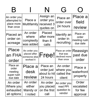 Placement BINGO Card