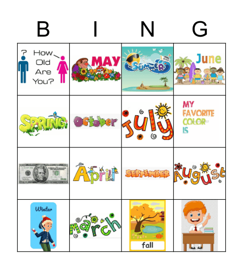 Colors/Months Bingo Card