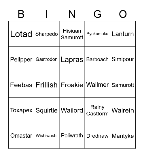 MarioMart Round 2 (Water Pokemon) Bingo Card