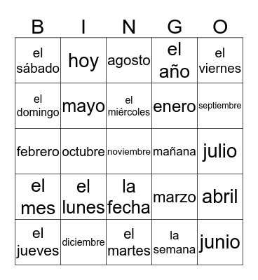 Los meses y días Bingo Card
