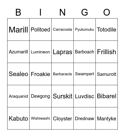 Nicklu Round 1 (Water Pokemon) Bingo Card