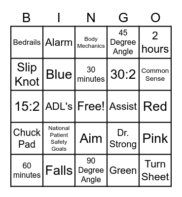 Patient Safety/Hygiene Bingo Card