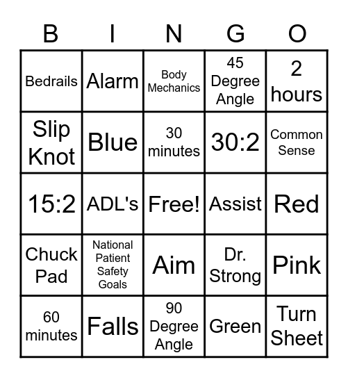 Patient Safety/Hygiene Bingo Card