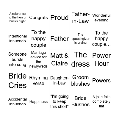 Wedding Speech Bingo Card
