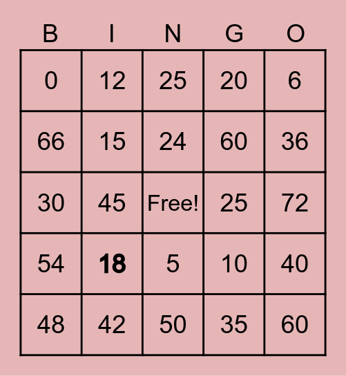 Multiplication 5x, 6x table Bingo Card