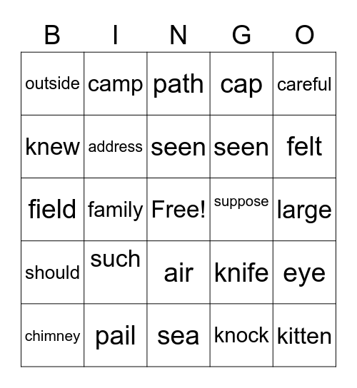 4th Grade High Frequency Word Bingo Card