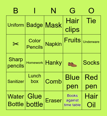 Selini's School List Bingo Card