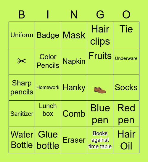 Selini's School List Bingo Card