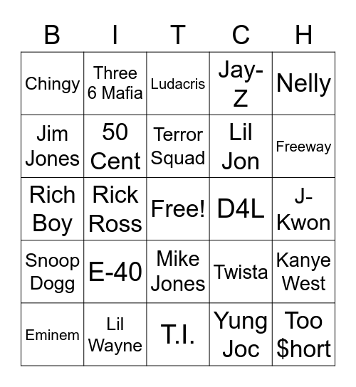 2000's Rap Bingo Card