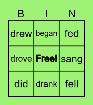 Irregular Past Tense Verbs Bingo Card