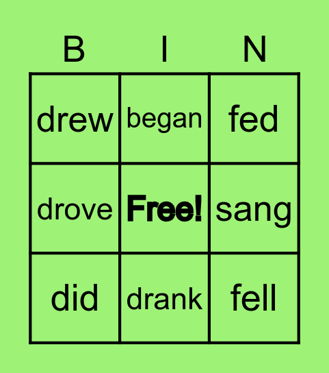 Irregular Past Tense Verbs Bingo Card