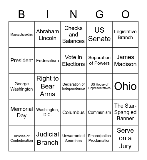 Civics Bingo Card