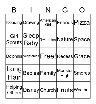 Ella's Favorite Things Bingo Card