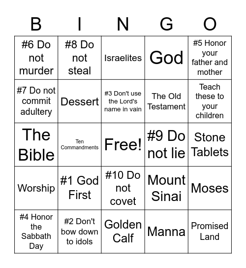 10 Commandment BINGO Card