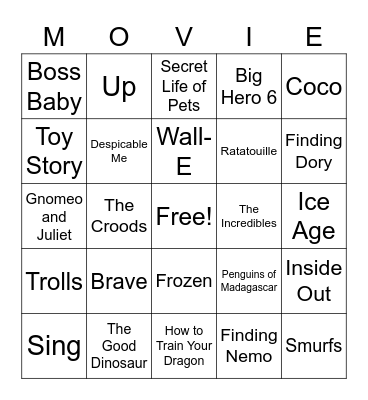 Kid Movies Bingo Card