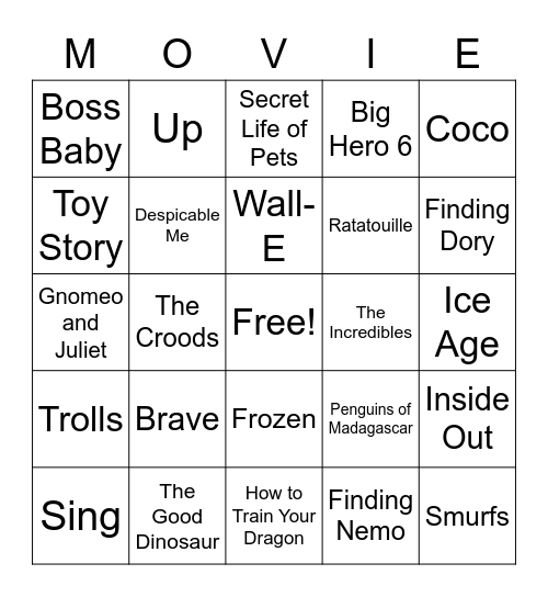 Kid Movies Bingo Card