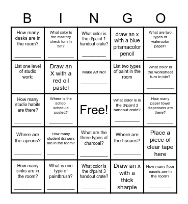 ART ROOM SCAVENGER HUNT Bingo Card