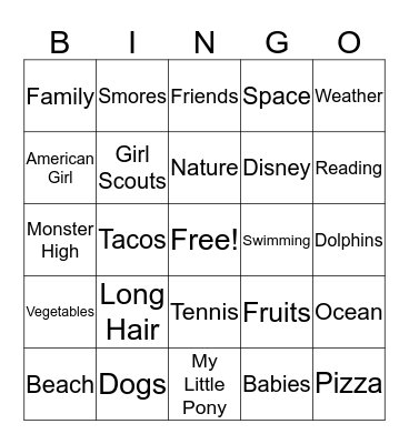 Ella's Favorite Things Bingo Card